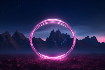 A neon pink ring glowing in a dark mountain landscape, abstract art combining technology and nature