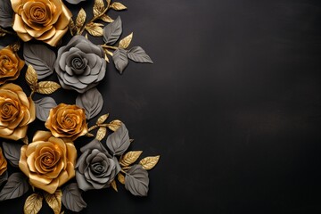 Gold Roses Flower Border Over a Charcoal Background With Copy Space. Copy space.
