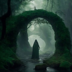 Beneath the looming arch of an ancient stone bridge, a cloaked enigma stands adorned in a cloak embellished with Celtic knots and runic symbols. Before them stretches a lush and mystical forest, where