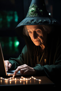 Woman in black hat is using laptop computer and looking at the screen.