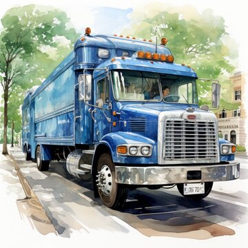 Watercolor a blue postal truck delivering mail. AI generate illustration