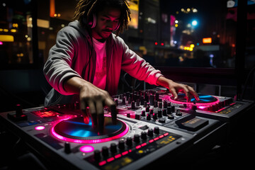 Obraz na płótnie Canvas Man in pink hoodie mixing music on turntable.