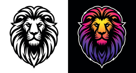 Lion head line art vector illustration isolated on white and dark background. Lion face with mane hair logo design. - obrazy, fototapety, plakaty