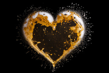 Splashes and drops of beer form a heart shape on a black background.