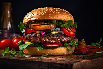 Juicy huge hamburger with meat and vegetables from the grill on a wooden table.