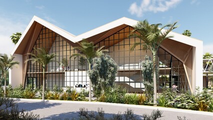 Cultural reinterpretation center, space seen from above, master plan, architectural project plan, Amazon market, artisan market, library, restaurants and auditorium. Landscape and urban design, with m