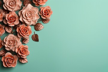 Mint Roses Flower Border Over a Terracotta Background With Copy Space. Copy space.