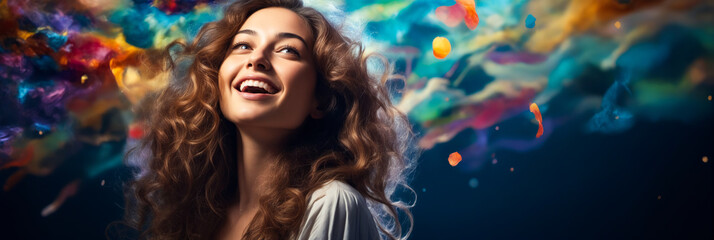 Woman with long hair smiling and blowing bubbles in the air.