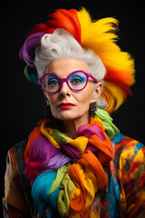 Woman with colorful hair and glasses on her face and wearing scarf.