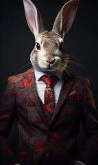 Obraz na płótnie Canvas Portrait of rabbit dressed in an elegant patterned suit with tie, confident and classy high Fashion portrait of an anthropomorphic animal, posing with a charismatic human attitude