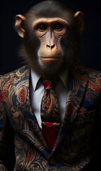 Portrait of a Monkey dressed in an elegant patterned suit with tie, confident and classy high Fashion portrait of an anthropomorphic animal, posing with a charismatic human attitude