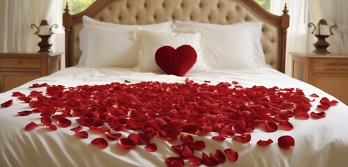 Obraz na płótnie Canvas Bed adorned with crimson rose petals arranged in heart shape against soft, white linens.