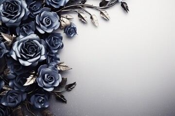 Navy Roses Flower Border Over a Silver Background With Copy Space. Copy space.