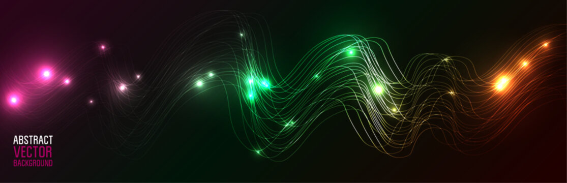 Glowing  lighting lines on Black Background. Futuristic Space Vector Background. Neon Lights.