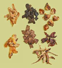 Top view of assortment of dried treats for rewarding and training dogs