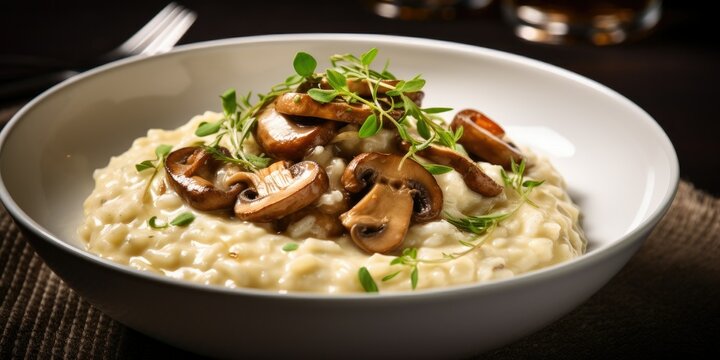 A bowl of creamy risotto with wild mushrooms and Parmesan cheese - Rich and indulgent - Soft, ambient lighting for an upscale dining experience -