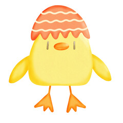 Yellow easter chick have a orange egg shell on the head , Easter, Watercolor, Illustration