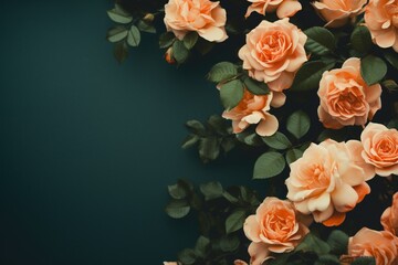 Peach Roses Flower Border Over a Forest Green Background With Copy Space. Copy space.