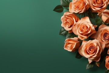 Peach Roses Flower Border Over a Forest Green Background With Copy Space. Copy space.