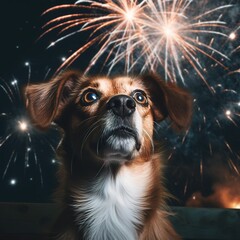 A realistic photo of a dog, very scared, afraid by the fireworks, with its ears down. Dog on New Year's Eve. Animal consciousness concept