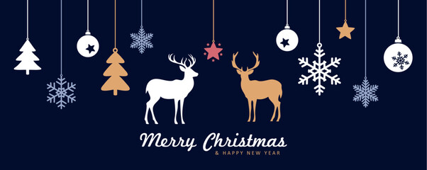 merry christmas greeting card with hanging decoration and deer couple vector illustration - obrazy, fototapety, plakaty