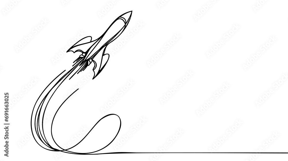 Poster one continuous line drawing of simple retro spacecraft flying up to the outer space nebula.