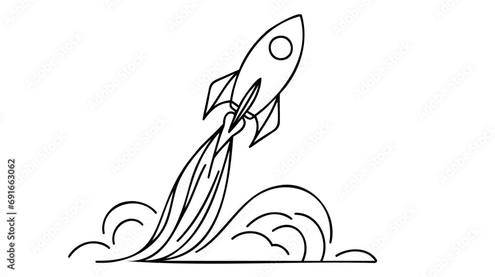 Poster one continuous line drawing of simple retro spacecraft flying up to the outer space nebula.