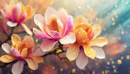 Kwiaty wiosenne akrylowe, kwitnąca magnolia - obrazy, fototapety, plakaty