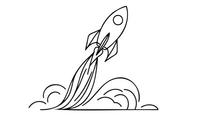 One continuous line drawing of simple retro spacecraft flying up to the outer space nebula.