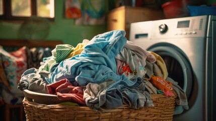 A pile of dirty clothes in a basket in front of the washing machine  - obrazy, fototapety, plakaty