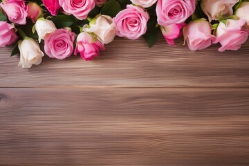 Romantic Pink Roses Flower Border Over a Wood Background. Copy Space.
