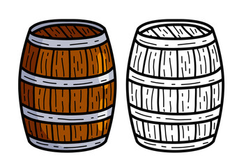 Wooden barrel. Rustic oak cask with beer, wine or whiskey. Set of Vintage traditional storage container. Collection of Retro hand drawn illustration isolated on white background.