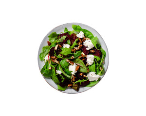 Fresh Salad with Beetroot, Feta Cheese, and Pecans, Healthy Vegetarian Meal on White Background