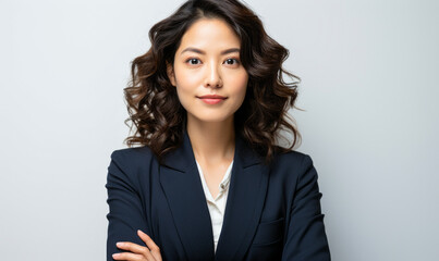 Fototapeta premium Confident professional Asian businesswoman in a navy blazer with arms crossed standing against a white background, exuding leadership and expertise
