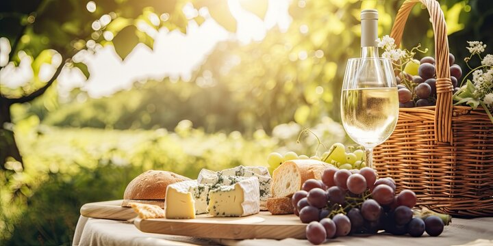 A garden picnic scene with a basket of artisanal cheeses, grapes, and a bottle of chilled white wine - Elegant and relaxed - Soft, dappled sunlight for a tranquil outdoor atmosphere -