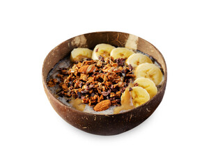 Chia Pudding Bowl with Banana, Granola and Cinnamon, Healthy Breakfast, Vegetarian Food