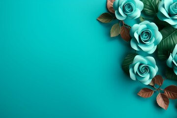 Teal Roses Flower Border Over an Aqua Background With Copy Space. Copy space.
