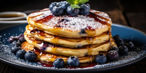 A plate of fluffy blueberry pancakes with a drizzle of maple syrup and a sprinkle of powdered sugar - Sweet and comforting - Soft morning light for a leisurely breakfast vibe - Close-up shot,  - obrazy, fototapety, plakaty