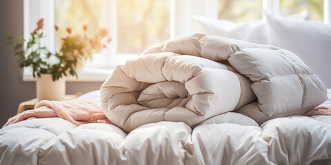 Fototapeta na wymiar Luxuriously soft white down duvet rolled up on a bed in a bright, serene bedroom with tasteful decor and morning light streaming in
