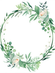 green watercolour floral circular frame with leaves and flowers isolated on white background