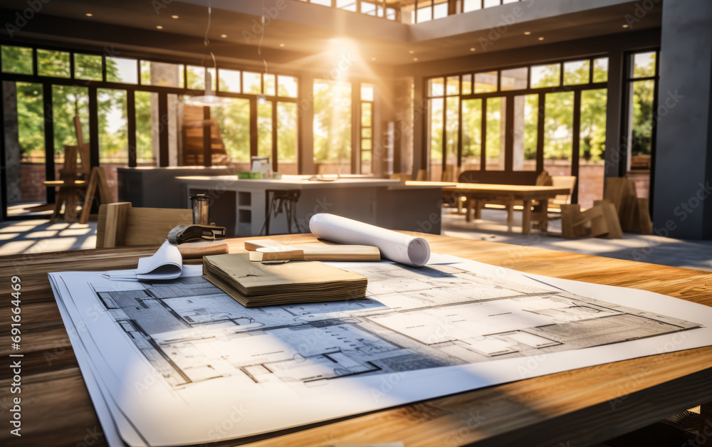 Poster architectural blueprints on a table with sunlight streaming through windows in a home under renovati