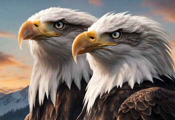 Obraz premium Portrait of American bald eagle flying with large wings with a furious look 