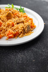 rice meat pilaf lamb meat eating cooking meal food snack on the table copy space food background rustic top view