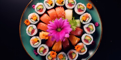 A plate of sushi rolls arranged in the shape of a colorful flower bouquet - Artistic and playful - Neon lighting for a modern and vibrant aesthetic - Top-down shot, 