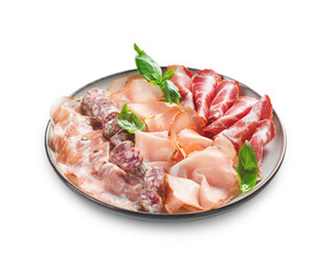 Cured Meat Platter, Antipasto Set, Appetizer Variety on Plate over White Background