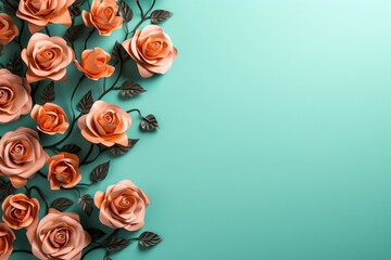 Teal Roses Flower Border Over a Salmon Background With Copy Space. Copy space.
