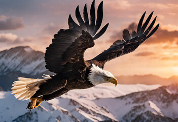 Obraz premium Portrait of American bald eagle flying with large wings with a furious look 