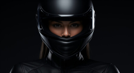 A young woman wears a motorcycle helmet on a black background.