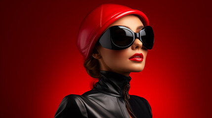 A lady with a red hat and sunglasses standing on a red background.
