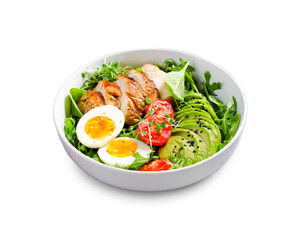 Grilled Chicken Fillet with Fresh Salad, Cherry Tomatoes, Boiled Egg and Avocado, Budha Bowl, Keto Paleo Diet Menu